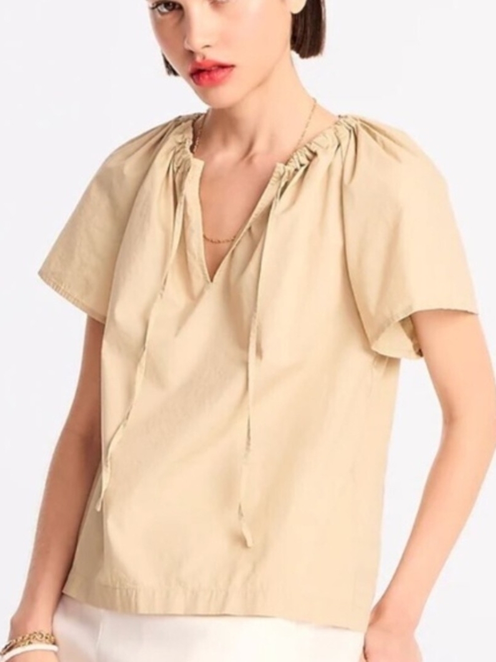 J. Crew Beige Tie-Neck Short Sleeve Blouse